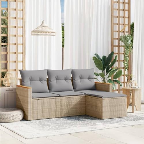 LVHUIDEH 4er Set Gartenmöbel, Garten-Sofagarnitur mit Kissen, Sitzgruppe, Wetterfest Terassenmöbel, Beige Poly Rattan von LVHUIDEH