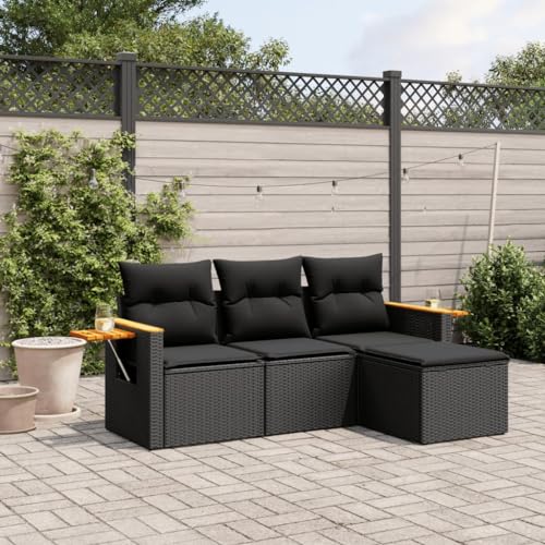 LVHUIDEH 4er Set Gartenmöbel, Garten-Sofagarnitur mit Kissen, Sitzgruppe, Wetterfest Terassenmöbel, Schwarz Poly Rattan von LVHUIDEH