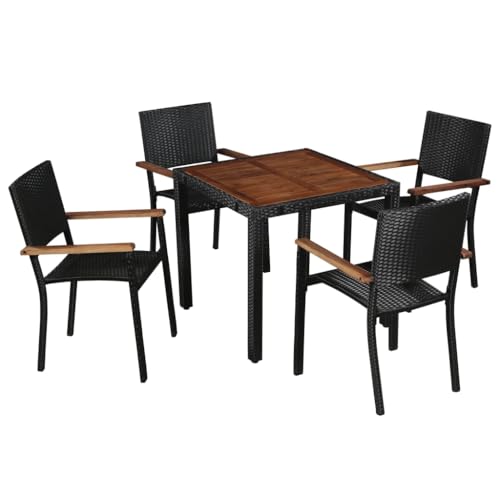 LVHUIDEH 5er Set Gartenmöbel, Garten-Essgruppe, Sitzgruppe, Wetterfest Terassenmöbel für Garten Terrasse Balkon, Poly Rattan Akazie Massivholz Schwarz von LVHUIDEH