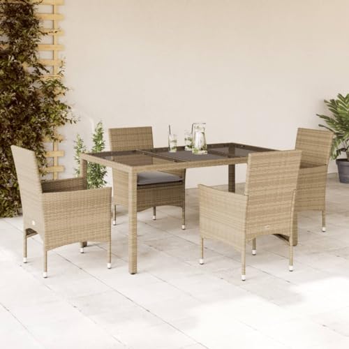 LVHUIDEH 5er Set Gartenmöbel, Garten-Essgruppe mit Kissen, Sitzgruppe, Wetterfest, Terassenmöbel für Garten Terrasse Balkon, Beige Poly Rattan und Glas von LVHUIDEH