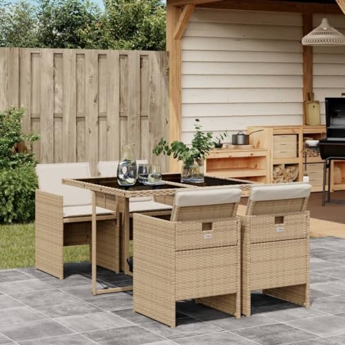 LVHUIDEH 5er Set Gartenmöbel, Garten-Essgruppe mit Kissen, Sitzgruppe, Wetterfest, Terassenmöbel für Garten Terrasse Balkon, Beige Poly Rattan von LVHUIDEH