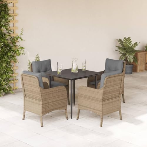 LVHUIDEH 5er Set Gartenmöbel, Garten-Essgruppe mit Kissen, Sitzgruppe, Wetterfest, Terassenmöbel für Garten Terrasse Balkon, Beige Poly Rattan von LVHUIDEH