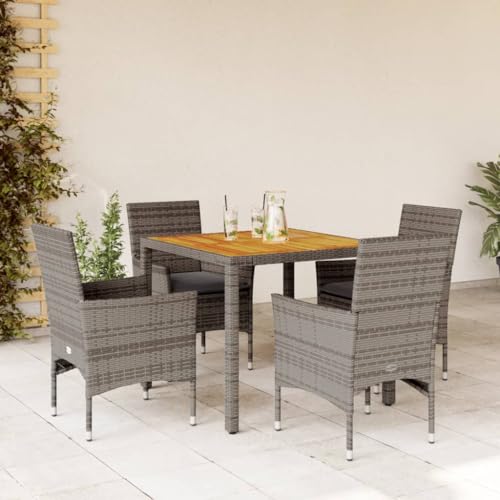 LVHUIDEH 5er Set Gartenmöbel, Garten-Essgruppe mit Kissen, Sitzgruppe, Wetterfest, Terassenmöbel für Garten Terrasse Balkon, Grau Poly Rattan Akazie von LVHUIDEH