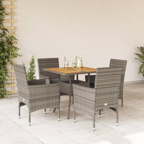 LVHUIDEH 5er Set Gartenmöbel, Garten-Essgruppe mit Kissen, Sitzgruppe, Wetterfest, Terassenmöbel für Garten Terrasse Balkon, Grau Poly Rattan Akazie von LVHUIDEH