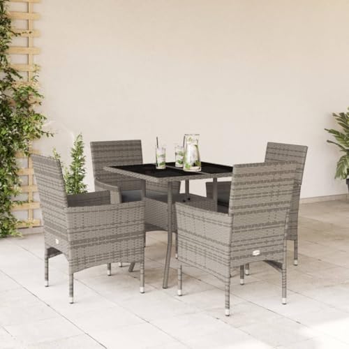 LVHUIDEH 5er Set Gartenmöbel, Garten-Essgruppe mit Kissen, Sitzgruppe, Wetterfest, Terassenmöbel für Garten Terrasse Balkon, Grau Poly Rattan und Glas von LVHUIDEH