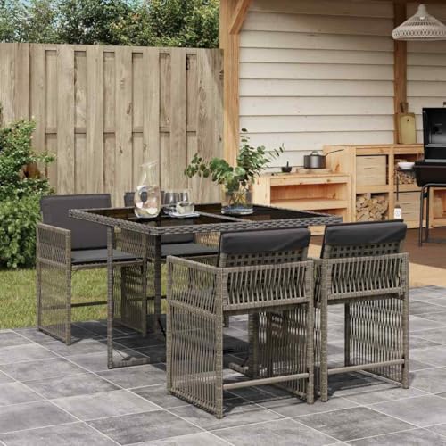 LVHUIDEH 5er Set Gartenmöbel, Garten-Essgruppe mit Kissen, Sitzgruppe, Wetterfest, Terassenmöbel für Garten Terrasse Balkon, Grau Poly Rattan von LVHUIDEH