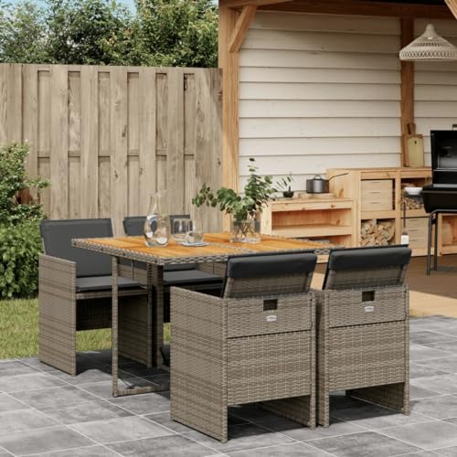 LVHUIDEH 5er Set Gartenmöbel, Garten-Essgruppe mit Kissen, Sitzgruppe, Wetterfest, Terassenmöbel für Garten Terrasse Balkon, Grau Poly Rattan von LVHUIDEH