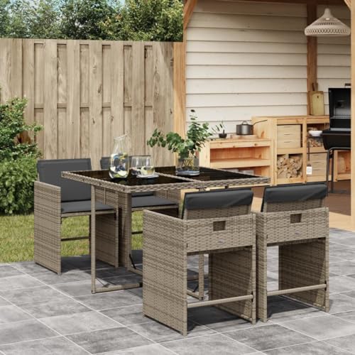 LVHUIDEH 5er Set Gartenmöbel, Garten-Essgruppe mit Kissen, Sitzgruppe, Wetterfest, Terassenmöbel für Garten Terrasse Balkon, Grau Poly Rattan von LVHUIDEH
