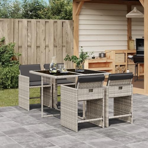 LVHUIDEH 5er Set Gartenmöbel, Garten-Essgruppe mit Kissen, Sitzgruppe, Wetterfest, Terassenmöbel für Garten Terrasse Balkon, Hellgrau Poly Rattan von LVHUIDEH