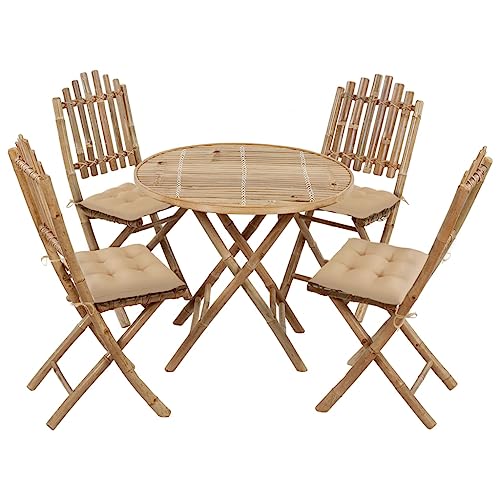LVHUIDEH 5er Set Gartenmöbel, Garten-Essgruppe mit Kissen, Sitzgruppe, Wetterfest, Terassenmöbel für Garten Terrasse Balkon, Klappbar Bambus von LVHUIDEH