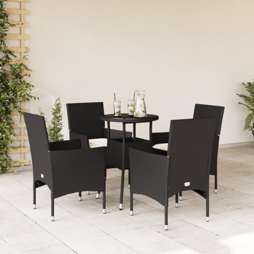LVHUIDEH 5er Set Gartenmöbel, Garten-Essgruppe mit Kissen, Sitzgruppe, Wetterfest, Terassenmöbel für Garten Terrasse Balkon, Schwarz Poly Rattan und Glas von LVHUIDEH