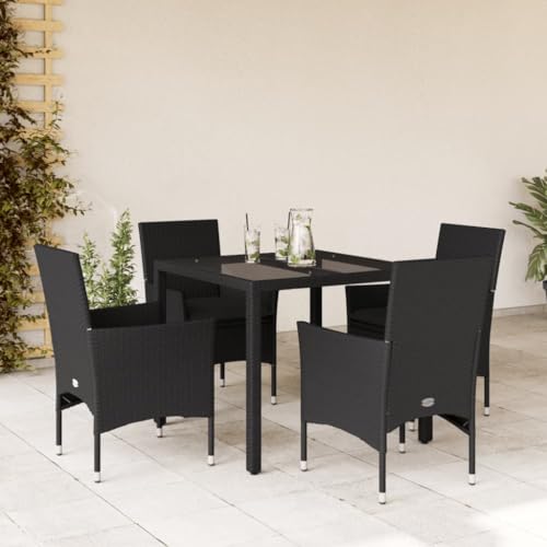 LVHUIDEH 5er Set Gartenmöbel, Garten-Essgruppe mit Kissen, Sitzgruppe, Wetterfest, Terassenmöbel für Garten Terrasse Balkon, Schwarz Poly Rattan und Glas von LVHUIDEH