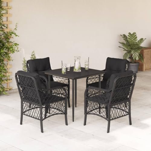 LVHUIDEH 5er Set Gartenmöbel, Garten-Essgruppe mit Kissen, Sitzgruppe, Wetterfest, Terassenmöbel für Garten Terrasse Balkon, Schwarz Poly Rattan von LVHUIDEH