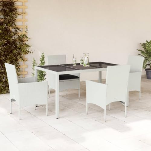 LVHUIDEH 5er Set Gartenmöbel, Garten-Essgruppe mit Kissen, Sitzgruppe, Wetterfest, Terassenmöbel für Garten Terrasse Balkon, Weiß Poly Rattan und Glas von LVHUIDEH
