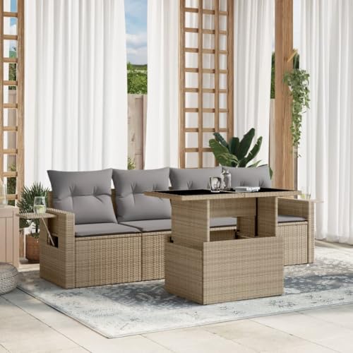 LVHUIDEH 5er Set Gartenmöbel, Garten-Sofagarnitur mit Kissen, Sitzgruppe, Wetterfest, Terassenmöbel für Garten Terrasse Balkon, Beige Poly Rattan von LVHUIDEH