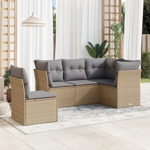 LVHUIDEH 5er Set Gartenmöbel, Garten-Sofagarnitur mit Kissen, Sitzgruppe, Wetterfest, Terassenmöbel für Garten Terrasse Balkon, Beige Poly Rattan von LVHUIDEH
