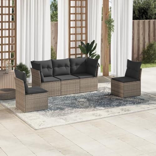 LVHUIDEH 5er Set Gartenmöbel, Garten-Sofagarnitur mit Kissen, Sitzgruppe, Wetterfest, Terassenmöbel für Garten Terrasse Balkon, Grau Poly Rattan von LVHUIDEH
