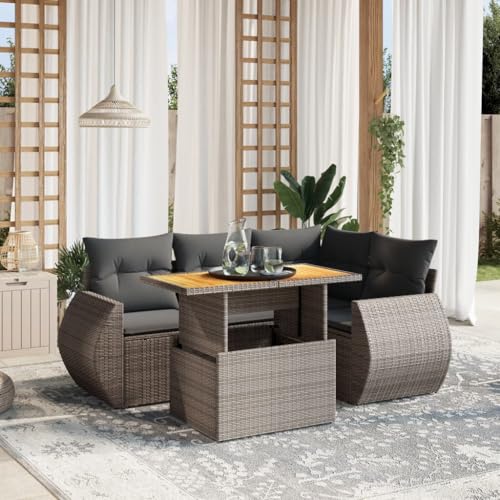 LVHUIDEH 5er Set Gartenmöbel, Garten-Sofagarnitur mit Kissen, Sitzgruppe, Wetterfest, Terassenmöbel für Garten Terrasse Balkon, Grau Poly Rattan von LVHUIDEH