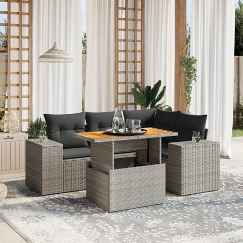 LVHUIDEH 5er Set Gartenmöbel, Garten-Sofagarnitur mit Kissen, Sitzgruppe, Wetterfest, Terassenmöbel für Garten Terrasse Balkon, Grau Poly Rattan von LVHUIDEH