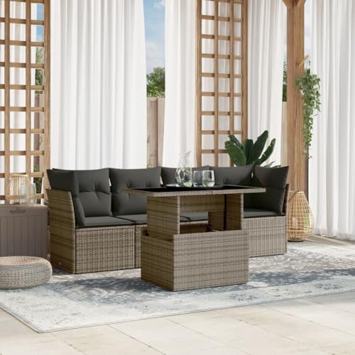 LVHUIDEH 5er Set Gartenmöbel, Garten-Sofagarnitur mit Kissen, Sitzgruppe, Wetterfest, Terassenmöbel für Garten Terrasse Balkon, Grau Poly Rattan von LVHUIDEH