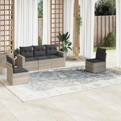 LVHUIDEH 5er Set Gartenmöbel, Garten-Sofagarnitur mit Kissen, Sitzgruppe, Wetterfest, Terassenmöbel für Garten Terrasse Balkon, Hellgrau Poly Rattan von LVHUIDEH