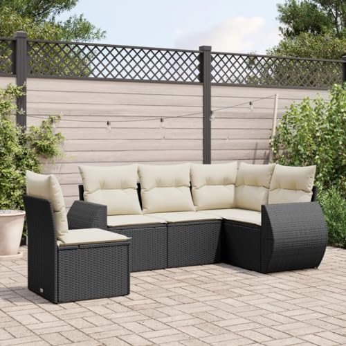LVHUIDEH 5er Set Gartenmöbel, Garten-Sofagarnitur mit Kissen, Sitzgruppe, Wetterfest, Terassenmöbel für Garten Terrasse Balkon, Schwarz Poly Rattan von LVHUIDEH