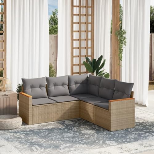 LVHUIDEH 5er Set Gartenmöbel, Garten-Sofagarnitur mit Kissen, Sitzgruppe, Wetterfest Terassenmöbel, Beige Poly Rattan von LVHUIDEH
