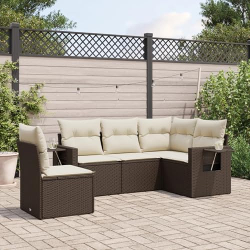 LVHUIDEH 5er Set Gartenmöbel, Garten-Sofagarnitur mit Kissen, Sitzgruppe, Wetterfest Terassenmöbel, Braun Poly Rattan von LVHUIDEH