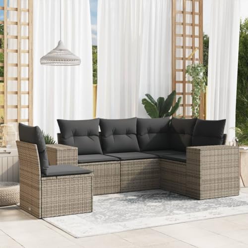 LVHUIDEH 5er Set Gartenmöbel, Garten-Sofagarnitur mit Kissen, Sitzgruppe, Wetterfest Terassenmöbel, Grau Poly Rattan von LVHUIDEH