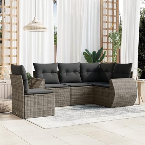 LVHUIDEH 5er Set Gartenmöbel, Garten-Sofagarnitur mit Kissen, Sitzgruppe, Wetterfest Terassenmöbel, Grau Poly Rattan von LVHUIDEH