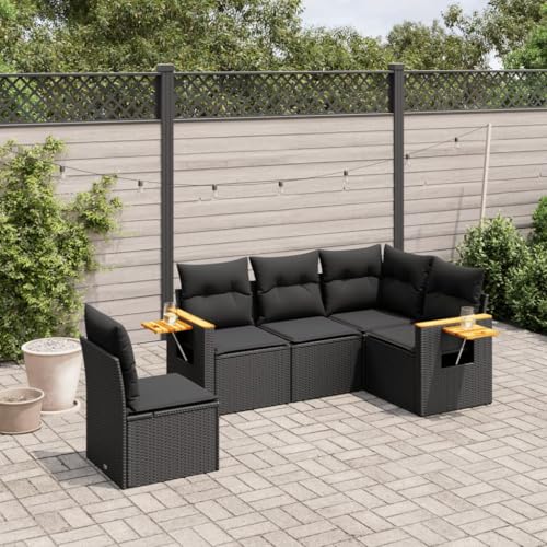 LVHUIDEH 5er Set Gartenmöbel, Garten-Sofagarnitur mit Kissen, Sitzgruppe, Wetterfest Terassenmöbel, Schwarz Poly Rattan von LVHUIDEH
