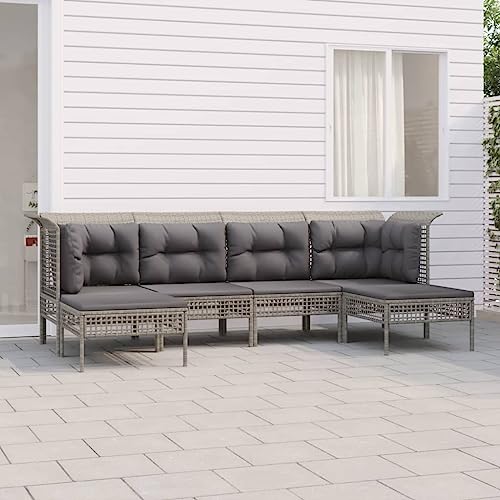 LVHUIDEH 6er Set Gartenmöbel, Garten-Lounge-Set mit Kissen, Sitzgruppe, Wetterfest Balkonmöbel für Garten Terrasse Balkon, Grau Poly Rattan von LVHUIDEH