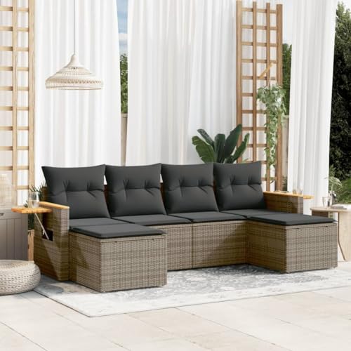 LVHUIDEH 6er Set Gartenmöbel, Garten-Sofagarnitur mit Kissen, Sitzgruppe, Wetterfest, Terassenmöbel für Garten Terrasse Balkon, Grau Poly Rattan von LVHUIDEH