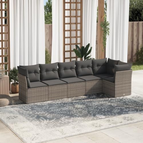 LVHUIDEH 6er Set Gartenmöbel, Garten-Sofagarnitur mit Kissen, Sitzgruppe, Wetterfest, Terassenmöbel für Garten Terrasse Balkon, Grau Poly Rattan von LVHUIDEH