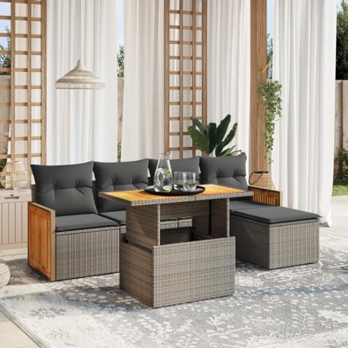 LVHUIDEH 6er Set Gartenmöbel, Garten-Sofagarnitur mit Kissen, Sitzgruppe, Wetterfest, Terassenmöbel für Garten Terrasse Balkon, Grau Poly Rattan von LVHUIDEH