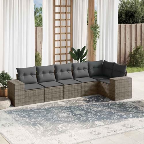 LVHUIDEH 6er Set Gartenmöbel, Garten-Sofagarnitur mit Kissen, Sitzgruppe, Wetterfest, Terassenmöbel für Garten Terrasse Balkon, Grau Poly Rattan von LVHUIDEH