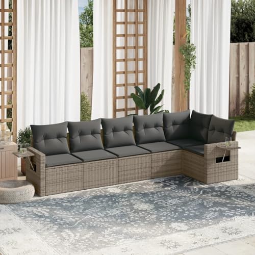 LVHUIDEH 6er Set Gartenmöbel, Garten-Sofagarnitur mit Kissen, Sitzgruppe, Wetterfest, Terassenmöbel für Garten Terrasse Balkon, Grau Poly Rattan von LVHUIDEH