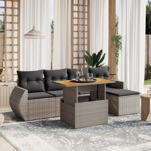 LVHUIDEH 6er Set Gartenmöbel, Garten-Sofagarnitur mit Kissen, Sitzgruppe, Wetterfest, Terassenmöbel für Garten Terrasse Balkon, Grau Poly Rattan von LVHUIDEH