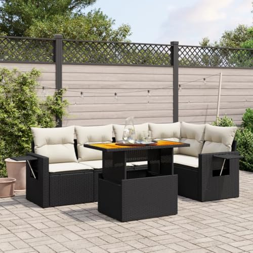 LVHUIDEH 6er Set Gartenmöbel, Garten-Sofagarnitur mit Kissen, Sitzgruppe, Wetterfest, Terassenmöbel für Garten Terrasse Balkon, Schwarz Poly Rattan von LVHUIDEH