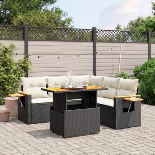LVHUIDEH 6er Set Gartenmöbel, Garten-Sofagarnitur mit Kissen, Sitzgruppe, Wetterfest, Terassenmöbel für Garten Terrasse Balkon, Schwarz Poly Rattan von LVHUIDEH