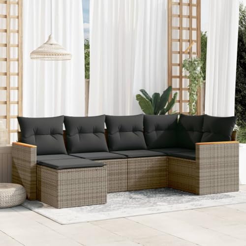 LVHUIDEH 6er Set Gartenmöbel, Garten-Sofagarnitur mit Kissen, Sitzgruppe, Wetterfest Terassenmöbel, Grau Poly Rattan von LVHUIDEH