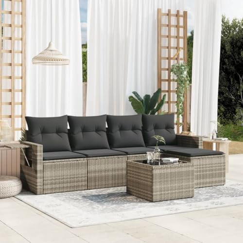 LVHUIDEH 6er Set Gartenmöbel, Garten-Sofagarnitur mit Kissen, Sitzgruppe, Wetterfest Terassenmöbel, Hellgrau Poly Rattan von LVHUIDEH