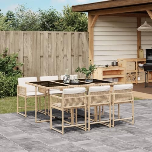 LVHUIDEH 7er Set Gartenmöbel, Garten-Essgruppe mit Kissen, Sitzgruppe, Wetterfest, Terassenmöbel für Garten Terrasse Balkon, Beige Poly Rattan von LVHUIDEH