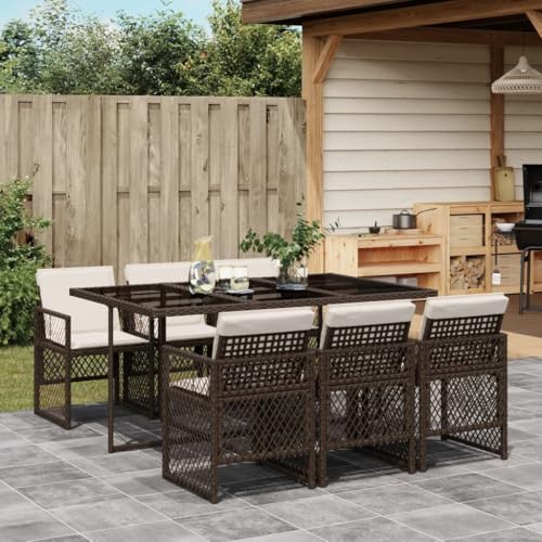 LVHUIDEH 7er Set Gartenmöbel, Garten-Essgruppe mit Kissen, Sitzgruppe, Wetterfest, Terassenmöbel für Garten Terrasse Balkon, Braun Poly Rattan von LVHUIDEH