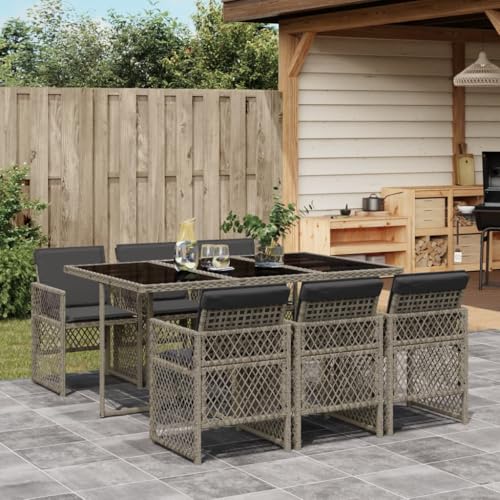 LVHUIDEH 7er Set Gartenmöbel, Garten-Essgruppe mit Kissen, Sitzgruppe, Wetterfest, Terassenmöbel für Garten Terrasse Balkon, Grau Poly Rattan von LVHUIDEH