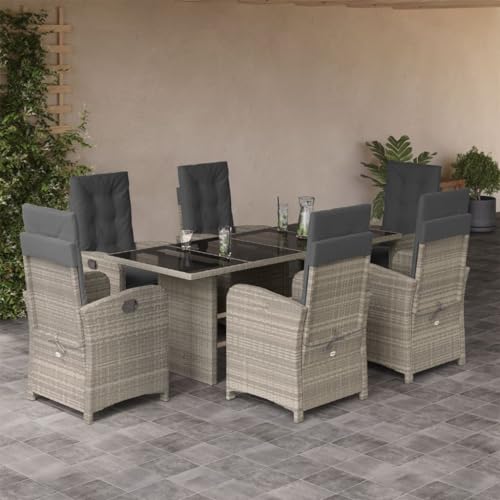 LVHUIDEH 7er Set Gartenmöbel, Garten-Essgruppe mit Kissen, Sitzgruppe, Wetterfest, Terassenmöbel für Garten Terrasse Balkon, Hellgrau Poly Rattan von LVHUIDEH
