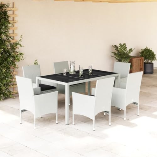 LVHUIDEH 7er Set Gartenmöbel, Garten-Essgruppe mit Kissen, Sitzgruppe, Wetterfest, Terassenmöbel für Garten Terrasse Balkon, Weiß Poly Rattan und Glas von LVHUIDEH