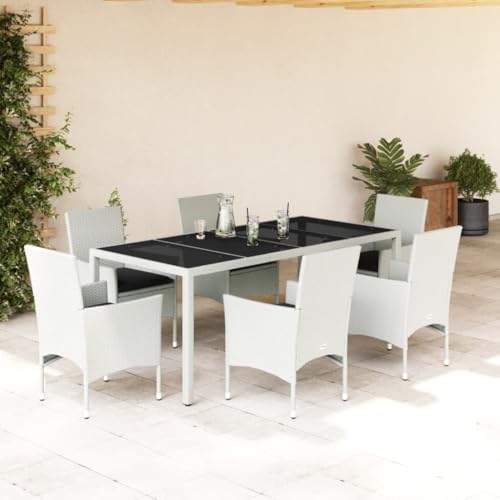 LVHUIDEH 7er Set Gartenmöbel, Garten-Essgruppe mit Kissen, Sitzgruppe, Wetterfest, Terassenmöbel für Garten Terrasse Balkon, Weiß Poly Rattan und Glas von LVHUIDEH