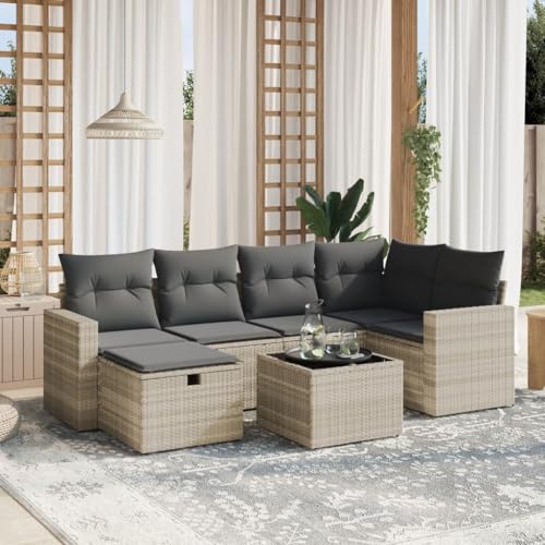 LVHUIDEH 7er Set Gartenmöbel, Garten-Sofagarnitur mit Kissen, Sitzgruppe, Wetterfest, Terassenmöbel für Garten Terrasse Balkon, Hellgrau Poly Rattan von LVHUIDEH