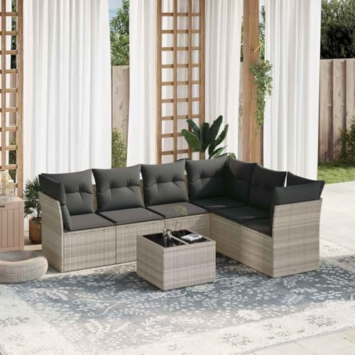 LVHUIDEH 7er Set Gartenmöbel, Garten-Sofagarnitur mit Kissen, Sitzgruppe, Wetterfest, Terassenmöbel für Garten Terrasse Balkon, Hellgrau Poly Rattan von LVHUIDEH